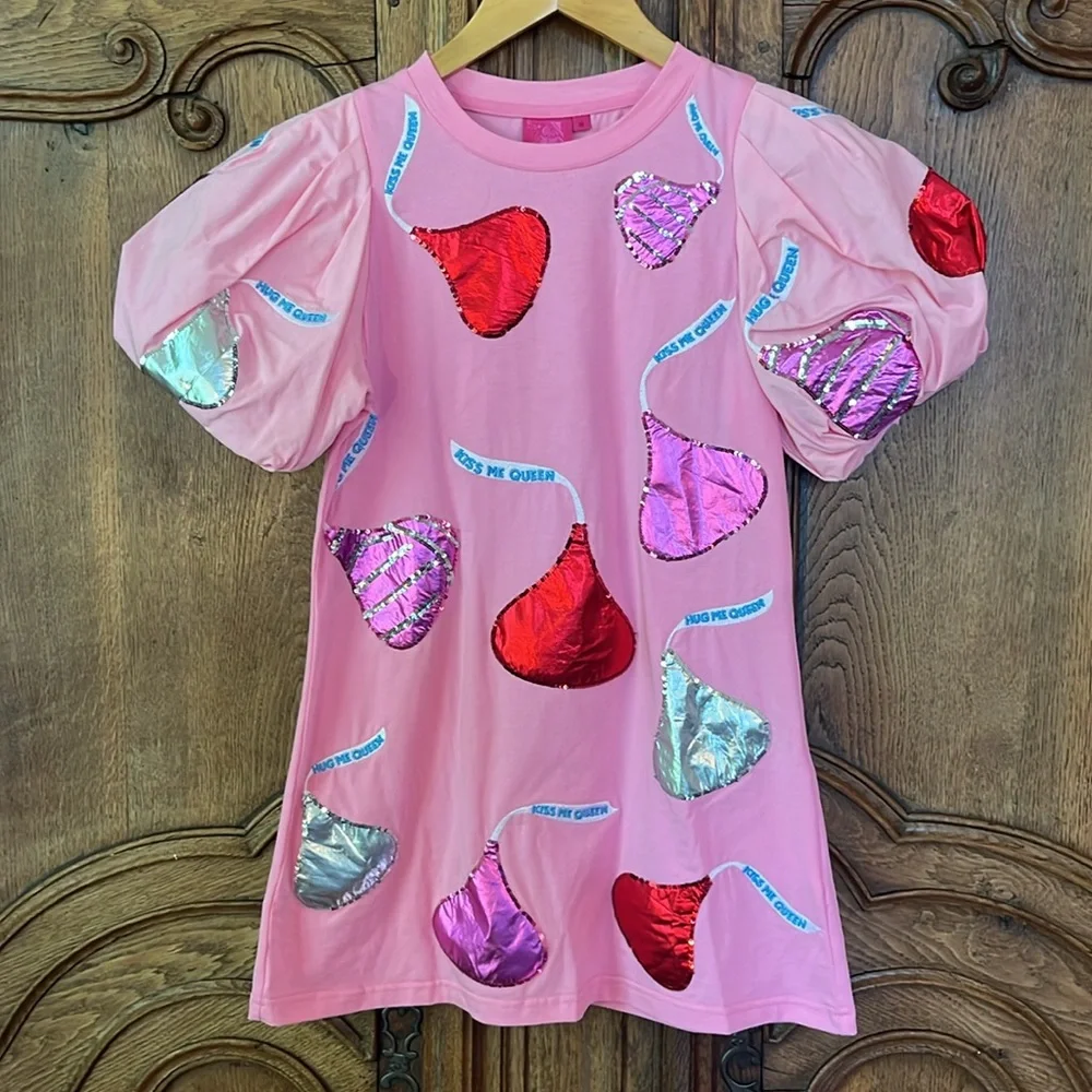 Queen Of Sparkles Kids Pink Kiss Me Queen Poof Sleeve Dress - Picture 6 of 11